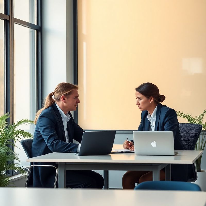 Two professionals in focused conversation across a minimal desk in a Wellington office