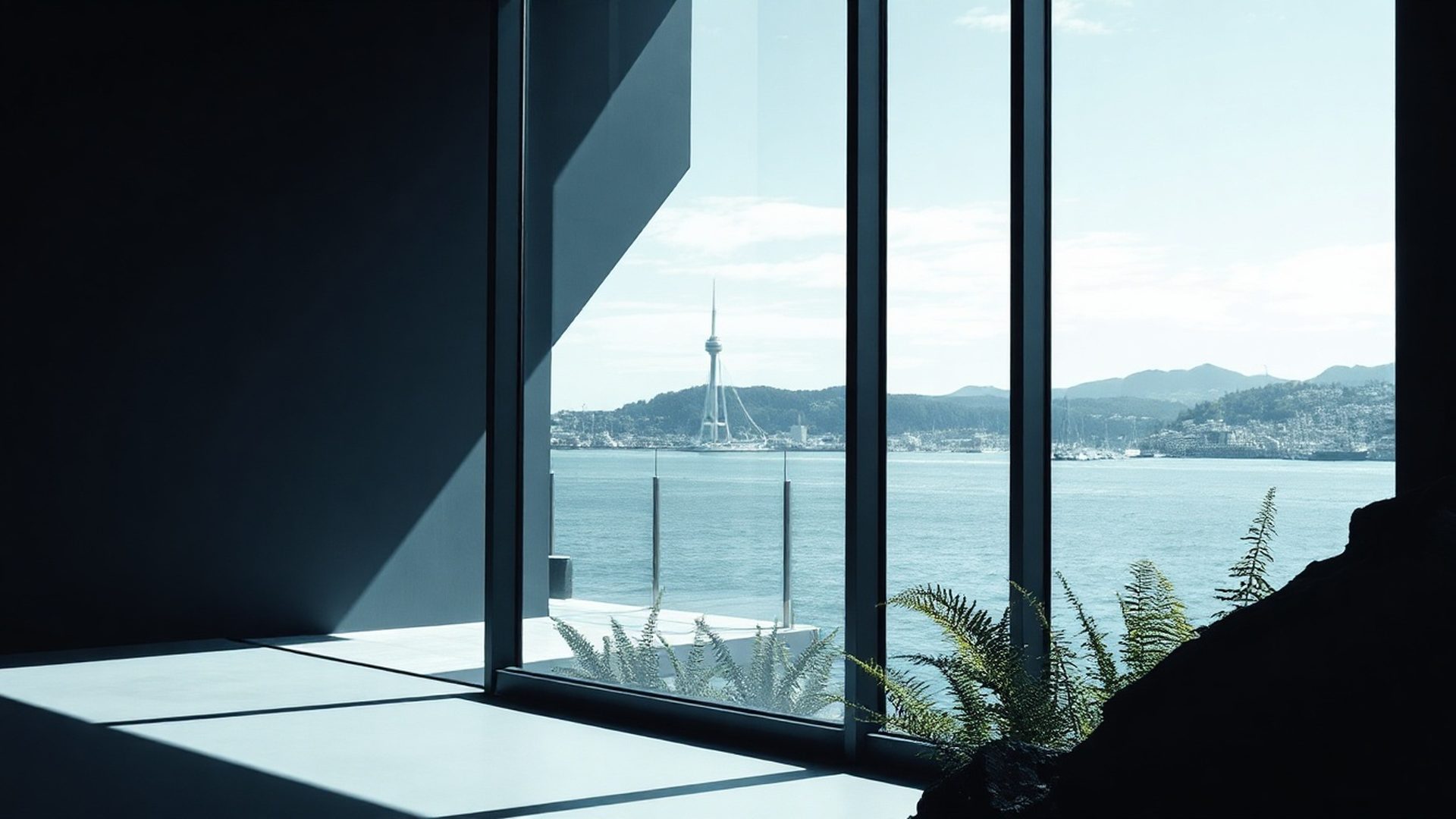 Wellington harbour skyline through the windows of a Rotorualink meeting room